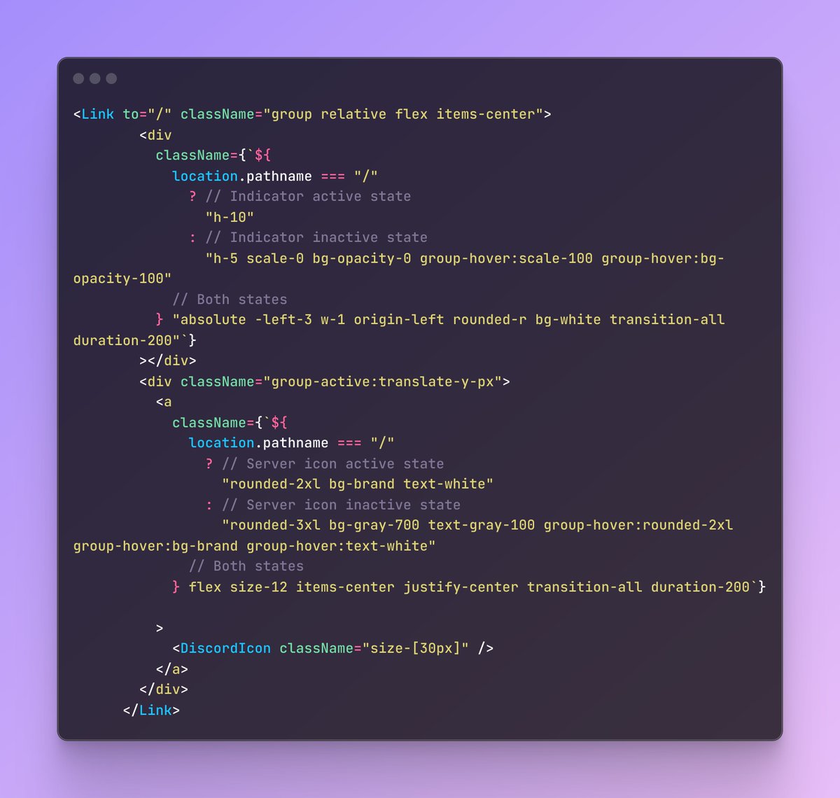 scotth_designer's tweet photo. The code for getting that cool inactive/active state on the server icons, complete with animated indicator bar.

Getting the hang of tailwind now and impressed how easy this was to achieve using just out-the-box values. https://t.co/IL80yELhQH