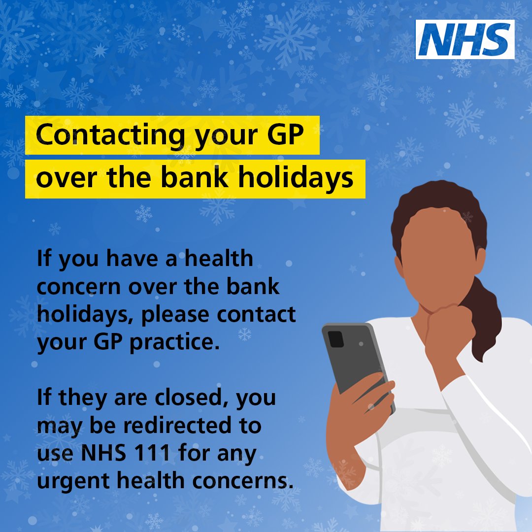 Some GP services will be available over the festive bank holidays. 🩺

If you have a health concern, please contact your GP practice, use NHS 111 online or call 111 for urgent medical help.