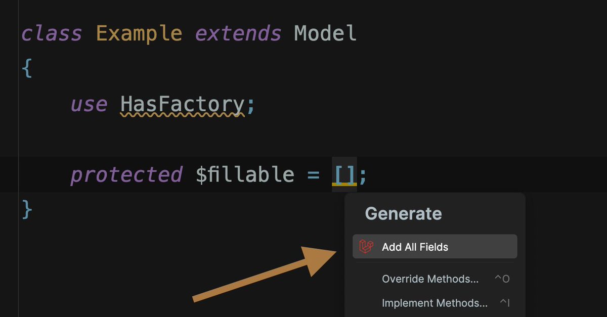 PovilasKorop's tweet photo. Another feature of @laravel_idea I use often.

Fill in the fillables from Migration. https://t.co/SI5l0SdiI6