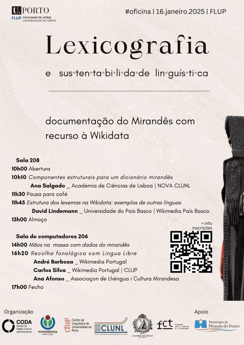 #workshop |  Jan. 16, 2025

Ana Salgado will present Componentes estruturais para um dicionário mirandês (“Structural components for a Mirandese dictionary”) 

clunl.fcsh.unl.pt/en/34639/