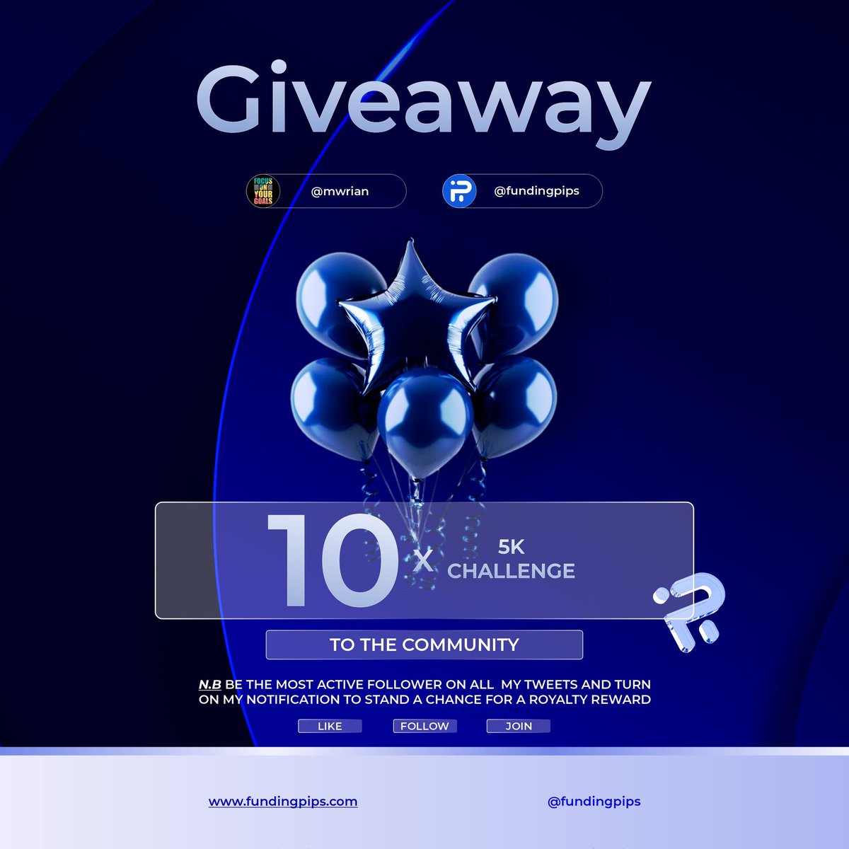 Giveaway ($50K)

1- Follow <a href="/fundingpips/">FundingPips</a> <a href="/Khldfx/">Khaled</a> <a href="/ronna256/">Mwirian</a> 
2- Like and retweet
3- Be active and turn on my notifications
4- Join discord here discord.gg/fundingpips

Winners in 3 days