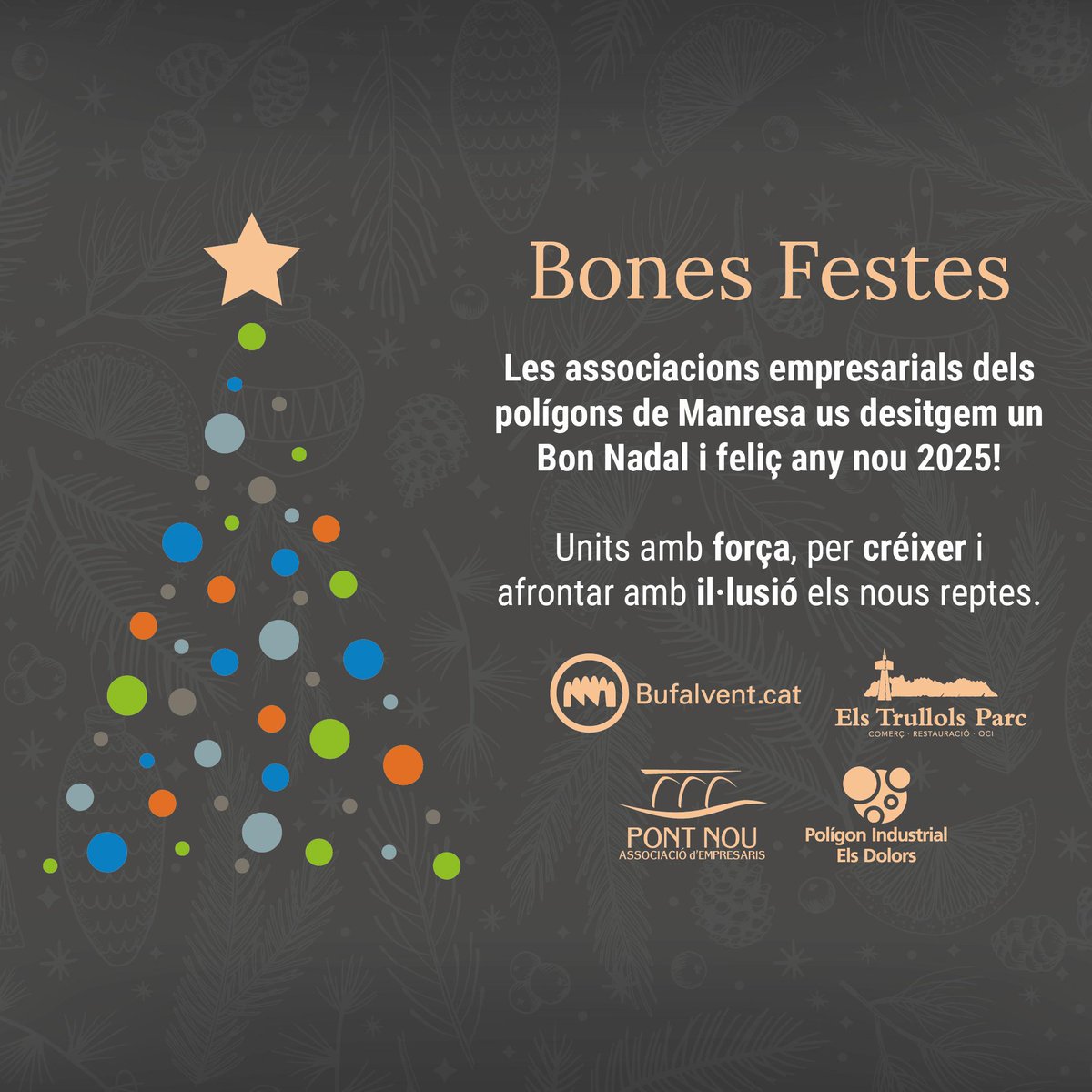 Les associacions empresarials dels polígons de Manresa us desitgem un Bon Nadal i feliç any nou 2025! 🎄
Units amb força, per créixer i afrontar amb il·lusió els nous reptes.