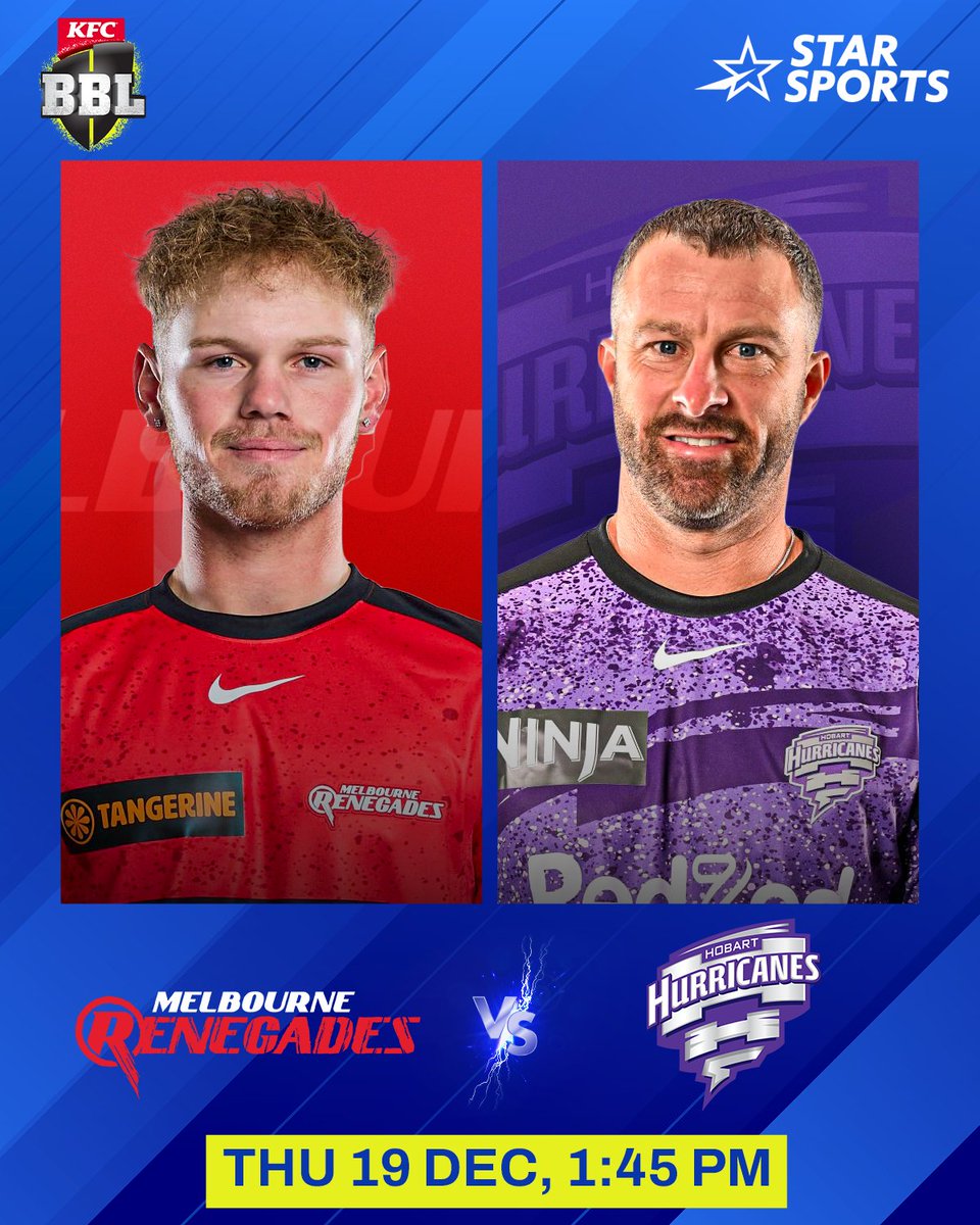 StarSportsIndia's tweet photo. #WillSutherland will want to lead his #MelbourneRenegades to victory against #NathanEllis' #HobartHurricanes in this exciting #BBL2024 clash! ๐
Which team will emerge victorious?
#BBLonStar ๐ THU 18 DEC, 1:45 PM LIVE on Star Sports! https://t.co/3t9JKj43zc