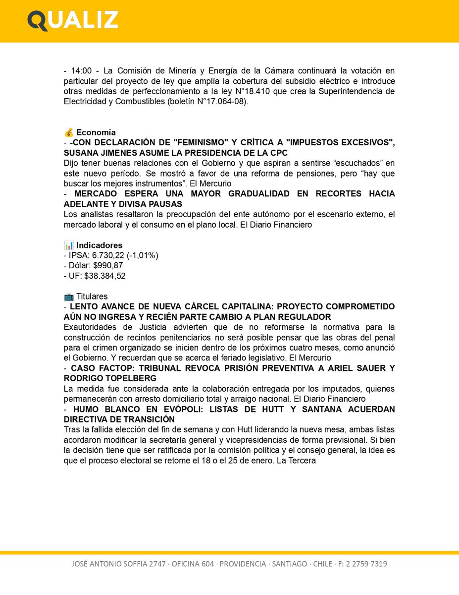 🔎Reforma de pensiones, CAE y el anuncio del Banco Central de bajar las tasas de interés en un 0,25%.

Esto y más en el informe que Qualiz elabora cada mañana, con las noticias claves de la contingencia nacional. 

💡Activa las notificaciones para recibir el informe diario.