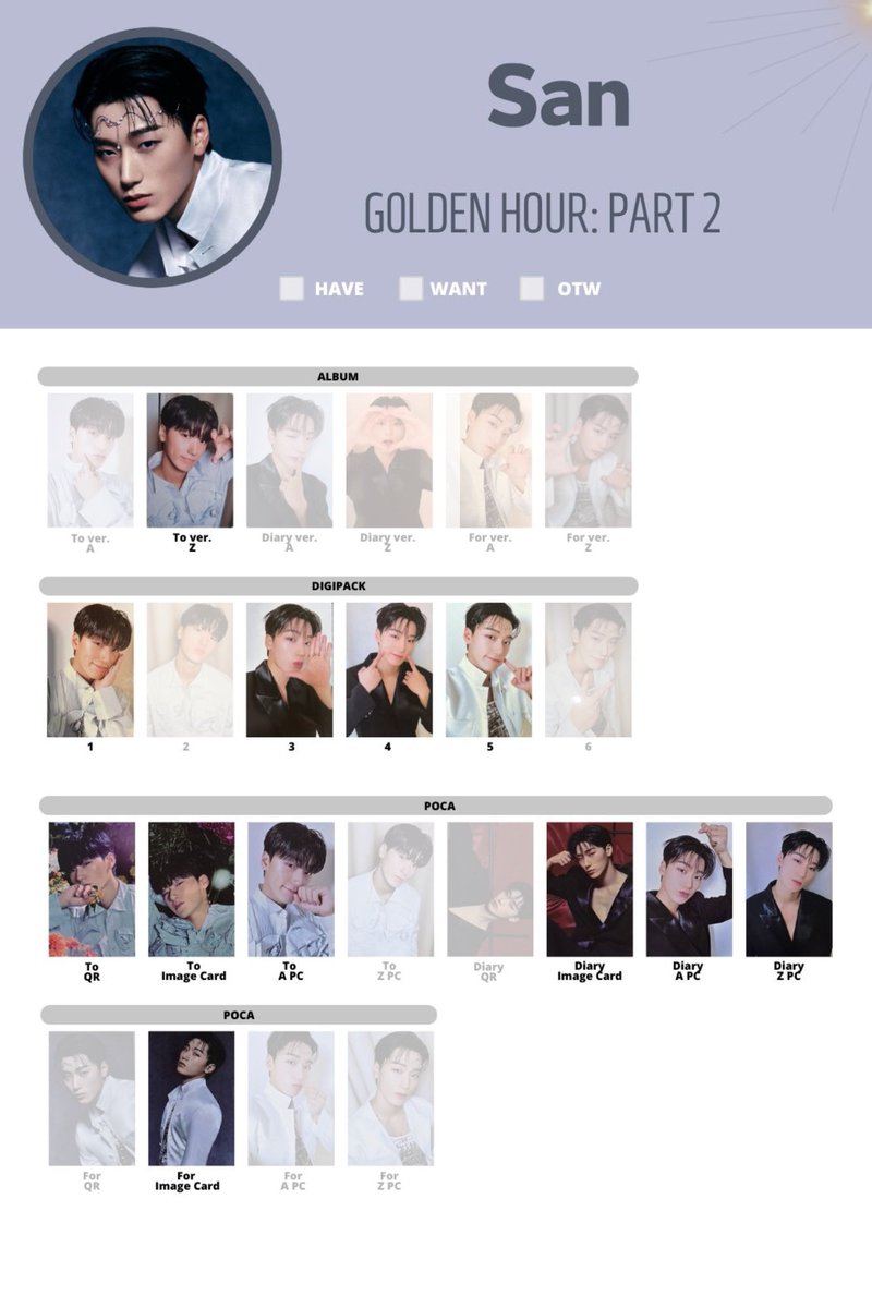 ATEEZ  GOLDEN HOUR Part.2 トレカ 交換 同異種

【譲】　画像1~3
　　　　ホンジュン ソンファ ユノ ヨサン
　　　　ミンギ ウヨン ジョンホ
【求】　画像4 サン 同異種

郵送希望📮
お気軽にリプまたはDMお待ちしております🙂‍↕️
 
#ATEEZ交換