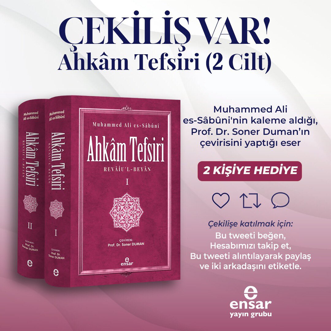 EnsarYayinGrubu's tweet photo. İki kişiye “Ahkâm Tefsiri”ni hediye ediyoruz 🎁 

Katılmak için: 
1️⃣ Bu tweeti beğen, 
2️⃣ Hesabımızı takip et, 
3️⃣ Bu tweeti alıntılayarak paylaş ve iki arkadaşını etiketle. 

🗓️ Çekiliş sonuçları 26/12/2024 tarihinde açıklanacaktır 🌿 https://t.co/VdiZeYhMNn