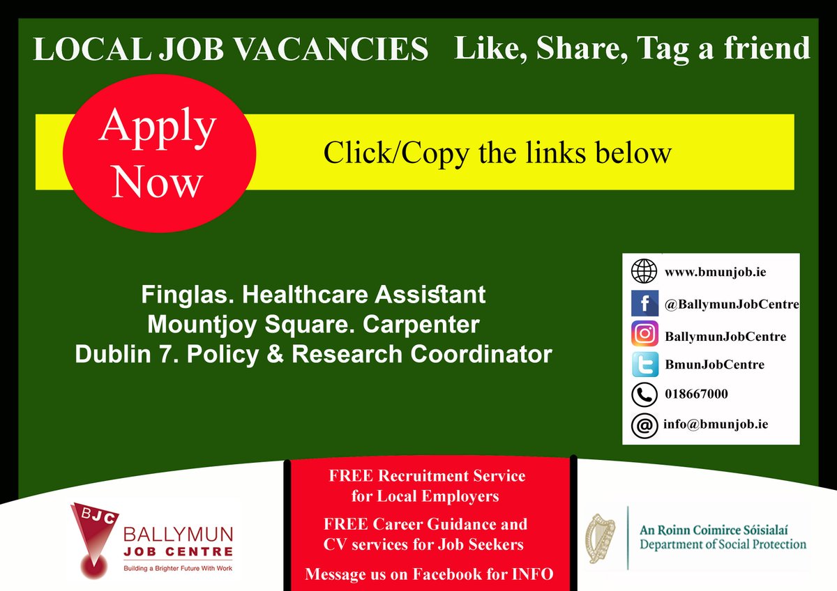 👉 Visit us at: Bmunjob.ie
Vacancies #bmunjob #jobfairy #dublinjobS 
Finglas. Healthcare Assistant
jobsireland.ie/en-US/job-Deta… 
Mountjoy Square. Carpenter
jobsireland.ie/en-US/job-Deta…
Dublin 7. Policy &amp; Research Coordinator
is.gd/6LIGfg