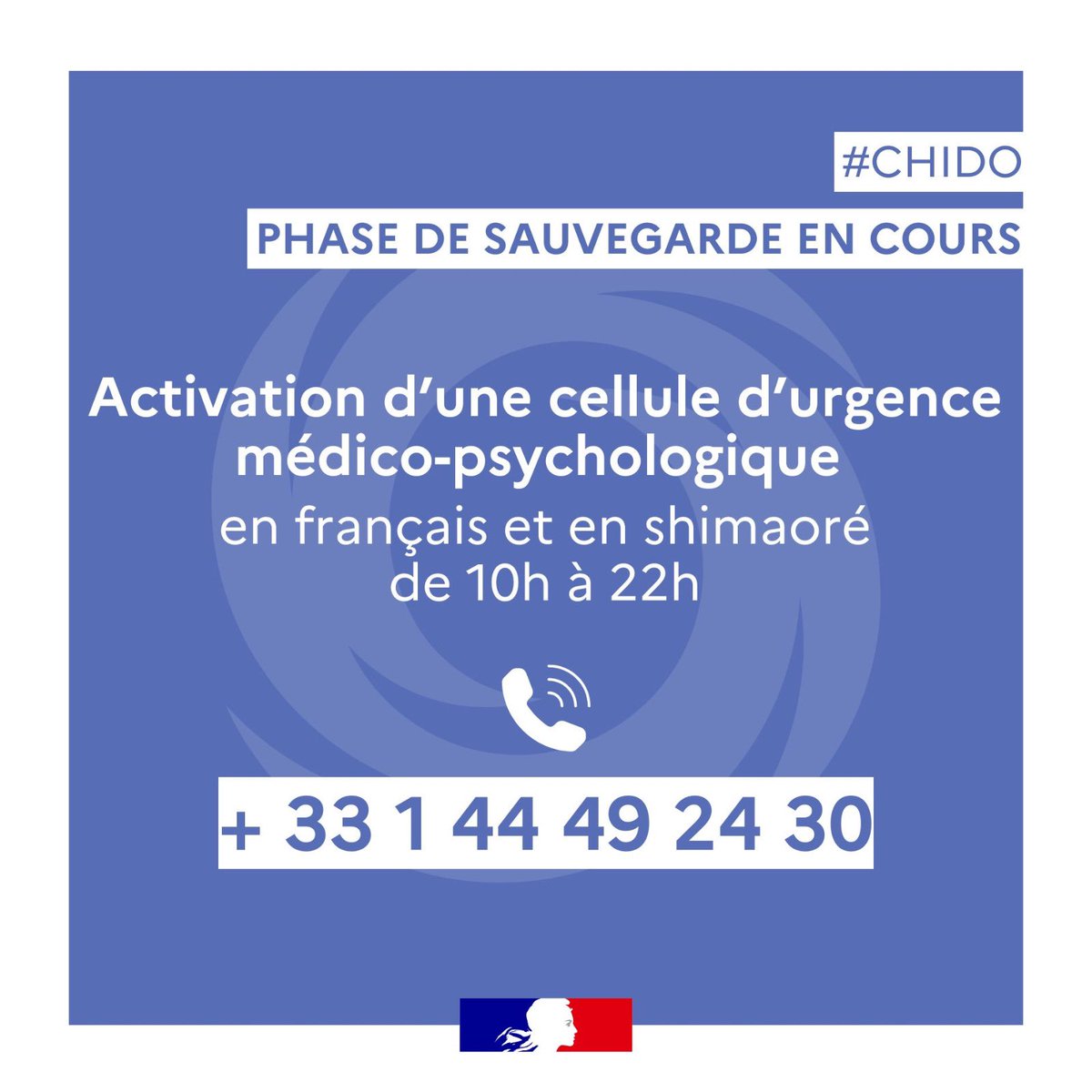 #CHIDO | OUVERTURE D’UNE CELLULE D’URGENCE MÉDICO-PSYCHOLOGIQUE

Le passage du cyclone CHIDO, particulièrement violent et destructeur, est un évènement psychologiquement éprouvant.

📞 +33 (0)1 44 49 24 30