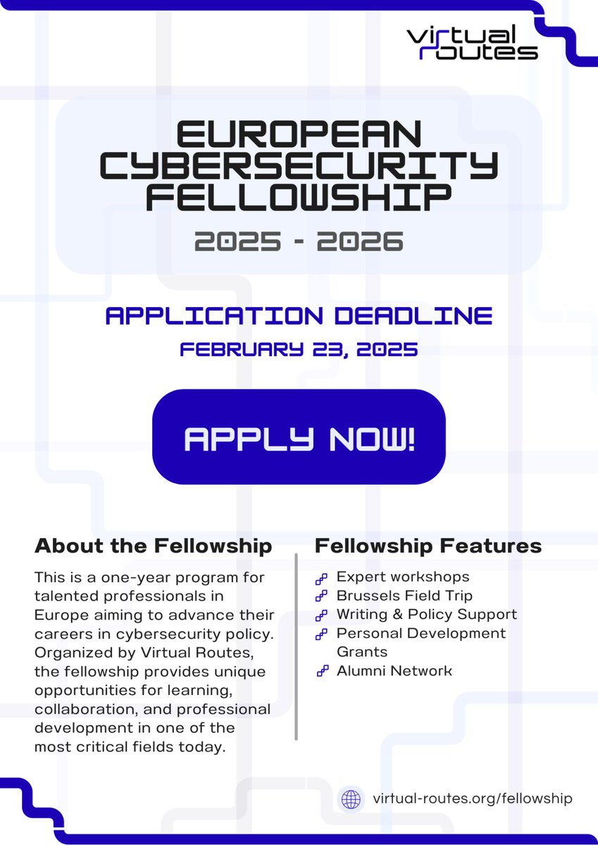 🚨 Applications are now open for the 2025-2026 Virtual Routes European Cybersecurity Fellowship! 

A year-long program designed for young professionals aiming to advance their careers in cybersecurity policy.

Apply here 👉: virtual-routes.org/initiatives/fe…

Deadline ⏰: 23 February 2025