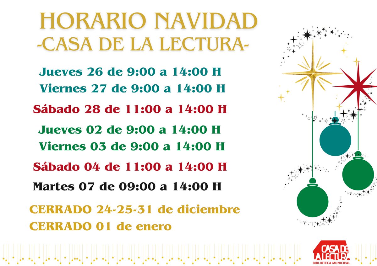 #HORARIO de #NAVIDAD en La Casa de la Lectura