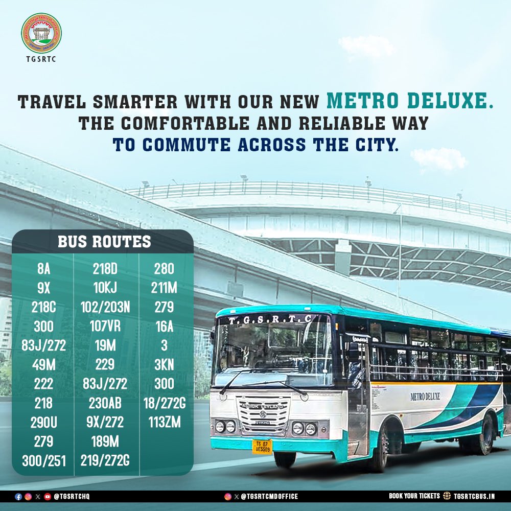 TGSRTCHQ's tweet image. Choose Metro Deluxe for your daily commutes – a comfortable and reliable way to make your city travel hassle-free.

@revanth_anumula @Ponnam_INC @TelanganaCMO @SajjanarVC @CTM_MKTG_TGSRTC  

#TGSRTC #Telangana #Hyderabad #MetroDeluxe #TakingTelanganaForward