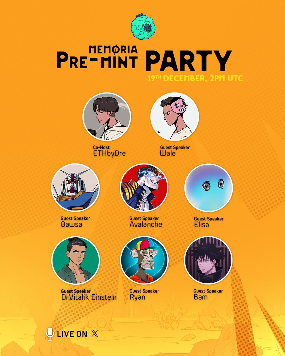 Memoria Pre-mint AMA Party is HERE! 🎙️

December 19th , 2pm UTC

Join the Memoria crew and our epic guest lineups to bring you  insights, alphas, and ALL the vibes before the big mint!

Special Guests: <a href="/waleswoosh/">wale.moca 🐳</a> , @nftbawsa , <a href="/eeelistar/">Elisa (optimism/acc)</a> , <a href="/Avalanche_XV/">Ava</a> , <a href="/ETHbyDre/">Dre</a> ,