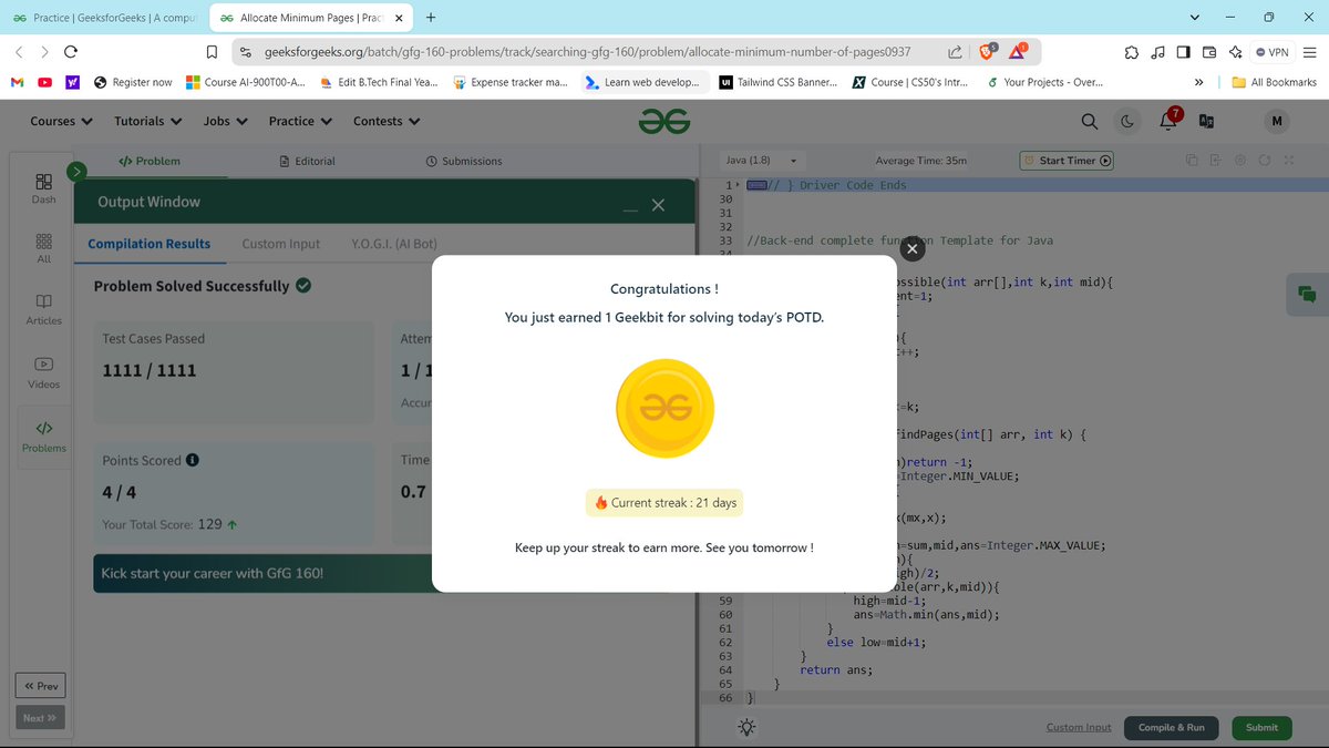 macktweet_'s tweet photo. #Day_34 of #gfg160 Challenge by
@geeksforgeeks Today's problem: Allocate Minimum Pages
#geekstreak2024 https://t.co/gggXVatviq