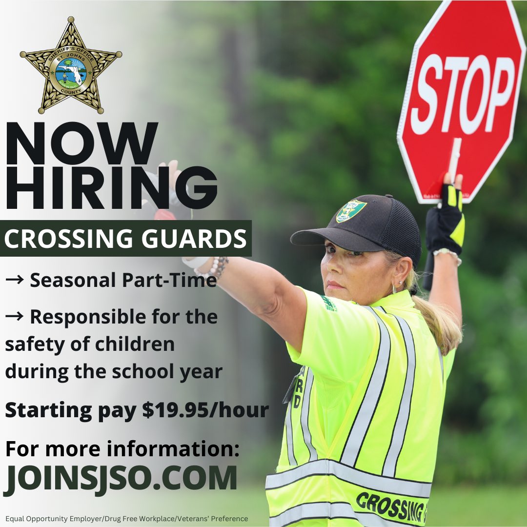 #TeamSJSO is hiring School Crossing Guards! 

School Crossing Guards are responsible for the safety of children and pedestrians during the school year. This is a part-time position. 

For more information and to apply, visit JoinSJSO.com.