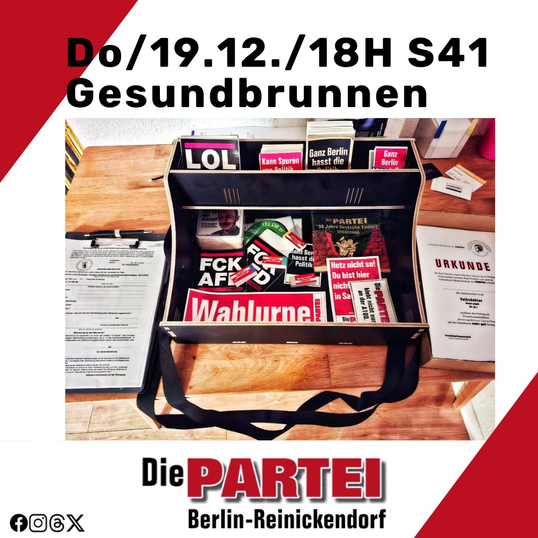 19.12.2024 um 18:05: grau uniformierte Menschen in der S41
Zustieg 18:15 Storkower, 18:29  Hermannstraße, 18:37 Uhr Schöneberg oder 19:05 wieder Gesundbrunnen

#DiePARTEIReinickendorf #DiePARTEI #Berlin #xmas #rot #aroundtheworld