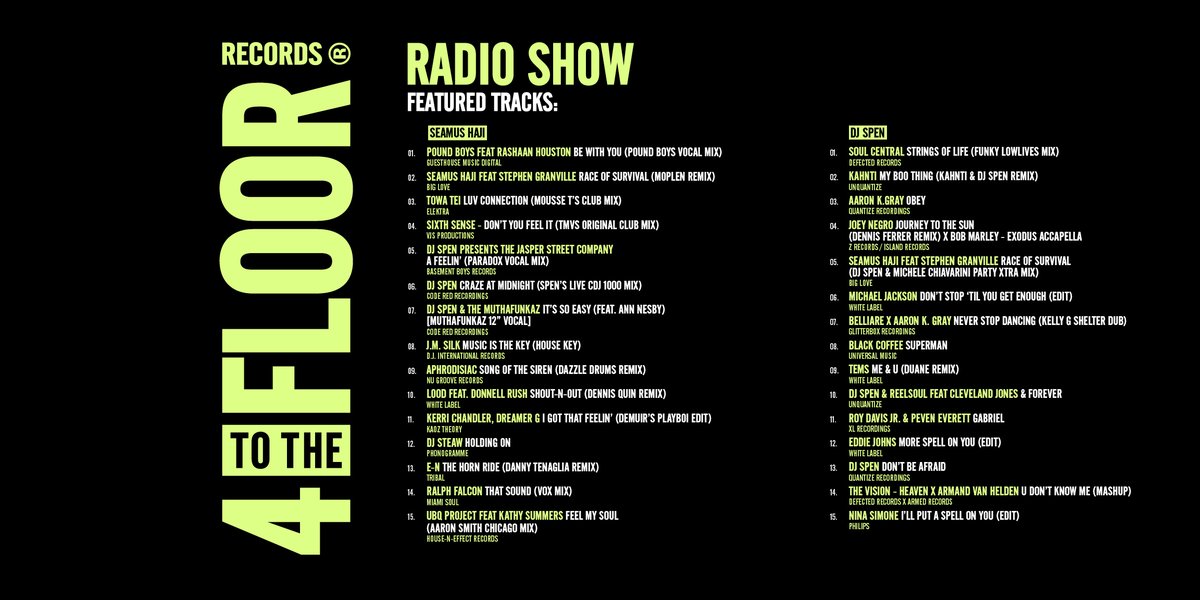 4 To The Floor (@4ttf) on Twitter photo The final <a href="/4TTF/">4 To The Floor</a> radio show of 2024 is here 🙏🏽
<a href="/seamushaji/">Seamus Haji</a> delivers the first hour, <a href="/originalDjSpen/">DJ Spen</a> joins for the guest mix in the second hour 🔊
Thanks to everyone who has tuned in this year ❤️
Listen now via the link below ⬇️
4ttf.lnk.to/RadioShow The final <a href="/4TTF/">4 To The Floor</a> radio show of 2024 is here 🙏🏽
<a href="/seamushaji/">Seamus Haji</a> delivers the first hour, <a href="/originalDjSpen/">DJ Spen</a> joins for the guest mix in the second hour 🔊
Thanks to everyone who has tuned in this year ❤️
Listen now via the link below ⬇️
4ttf.lnk.to/RadioShow