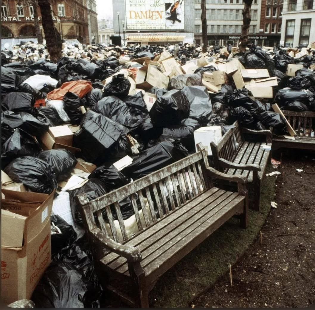 Leicester Square, the binmen strike is in every punk documentary, even though it was in 1979. Like the Mohican another bullshit punk trope.