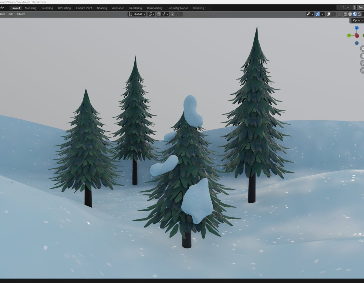I'm finally working on a new piece for my portfolio! I just worked on some trees and a snow material ´･ᴗ･`