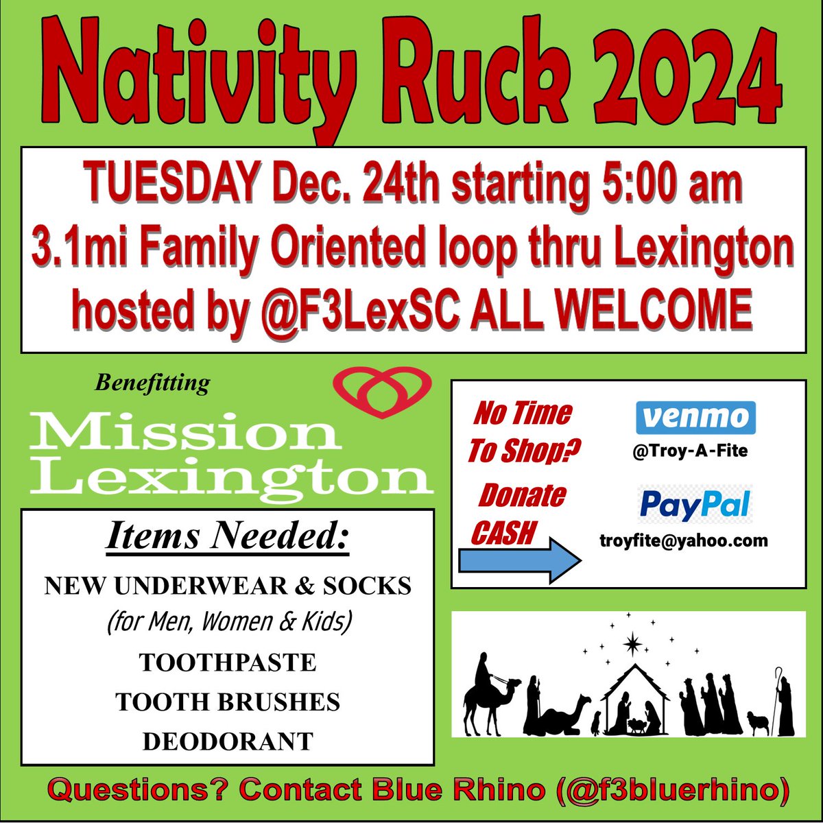 Sox (@f3bluerhino) on Twitter photo We are 7days away! Grab your essential items for <a href="/MissionLexSC/">Mission Lexington</a> and let’s prepare to light up <a href="/TownLexingtonSC/">Town of Lexington SC</a> ! Spread the word for this family friendly event! #ReasonfortheSeason
<a href="/F3LexSC/">F3 Lexington SC</a> <a href="/F3LakeMurray/">F3 Lake Murray</a> <a href="/F3Wander/">F3 Rumble/Wander</a> <a href="/NazRuckers/">Team Spearhead NazRuckers</a> <a href="/F3Columbia/">F3 Columbia</a> <a href="/FiALexSC/">FiA Lexington</a> <a href="/troyafite/">Troy Fite -👍🏼👍🏼</a> <a href="/F3BunkBed/">Trey Hope</a> We are 7days away! Grab your essential items for <a href="/MissionLexSC/">Mission Lexington</a> and let’s prepare to light up <a href="/TownLexingtonSC/">Town of Lexington SC</a> ! Spread the word for this family friendly event! #ReasonfortheSeason
<a href="/F3LexSC/">F3 Lexington SC</a> <a href="/F3LakeMurray/">F3 Lake Murray</a> <a href="/F3Wander/">F3 Rumble/Wander</a> <a href="/NazRuckers/">Team Spearhead NazRuckers</a> <a href="/F3Columbia/">F3 Columbia</a> <a href="/FiALexSC/">FiA Lexington</a> <a href="/troyafite/">Troy Fite -👍🏼👍🏼</a> <a href="/F3BunkBed/">Trey Hope</a>