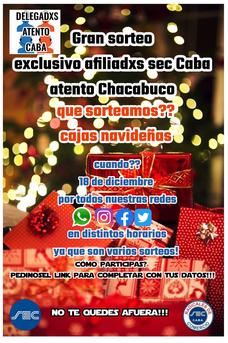 facebook.com/share/1FcPp8No… sorteo para los compañeros de ATENTO afiliados al SEC , HOY 18/12 , PEDINOS EL LINK PARA PARTICIPAR