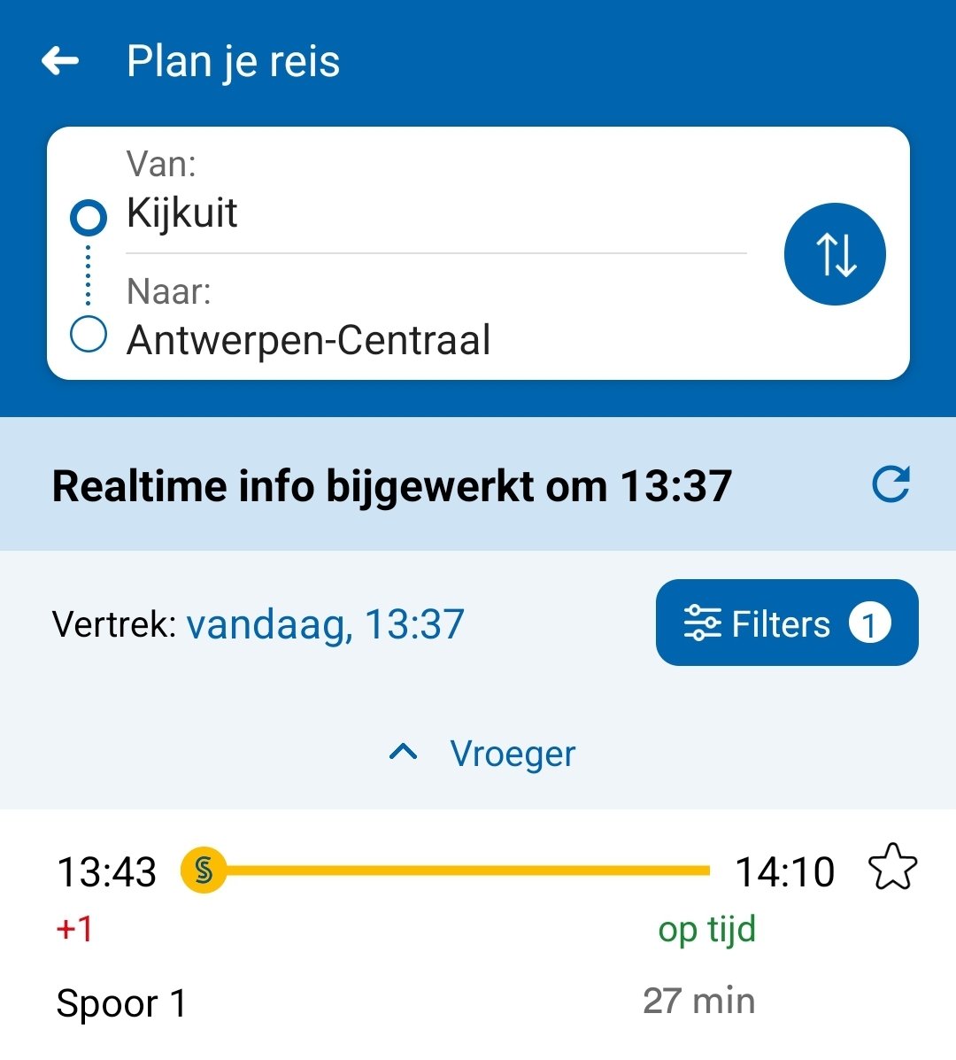 DorienDeBlock's tweet photo. Dag @NMBS, er staat bij mijn trein van Kijkuit naar Antw-Centr standaard +1 minuut vertraging. Jullie hebben juist de dienstverleningen aangepast, waarom is dan niet gewoon het uur veranderd plus die ene minuut? (Hiervoor was dat trouwens ook altijd, maar dan 13u42 +1 min) https://t.co/mSkDtPppb9