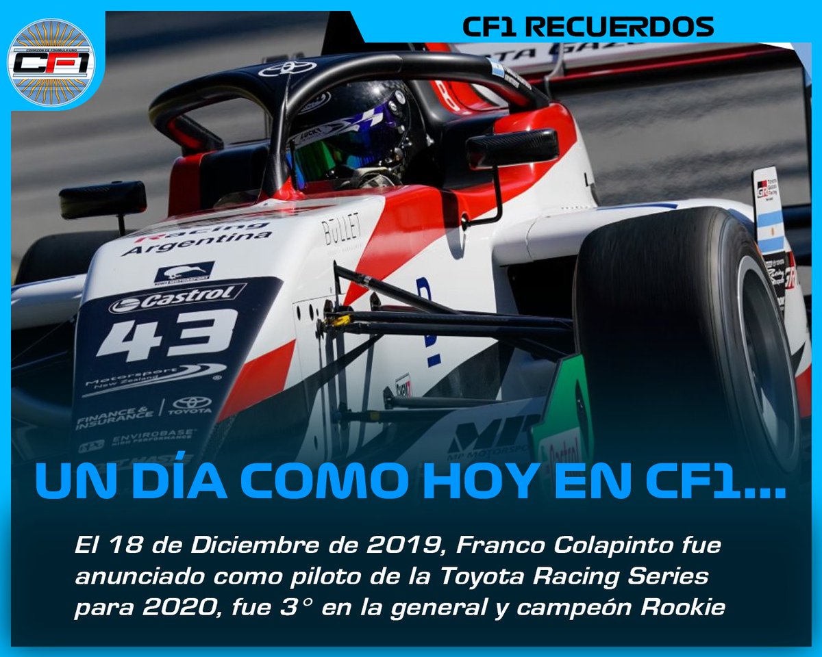 Corazondef1's tweet photo. ๐ตโช๐ตUN DIA COMO HOY EN CF1....
๐El 18 de Diciembre de 2019, Franco Colapinto oficializaba su participaciรณn en la Toyota Racing Series, campeonato donde fue 3ยฐ en la general y fue campeรณn Rookie con 8 podios y 1 victoria en Hampton Downs
#CF1RECUERDOS https://t.co/HHDtK58HDz