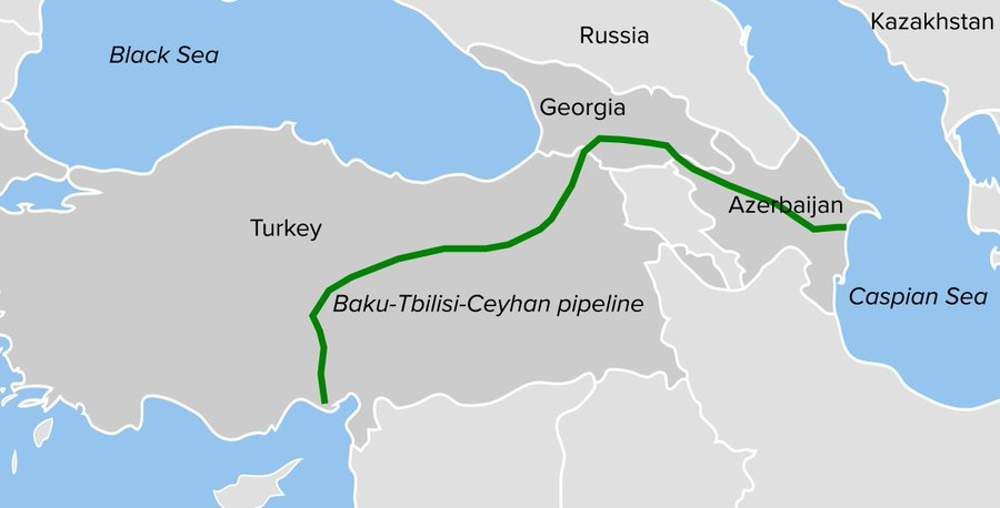 AlexBarnicoat_'s tweet photo. In Summary:

Azerbaijan is Israel's largest supplier of oil, making up at least 40% of Israel's oil imports.

That oil comes through an oil pipeline that directly travels through Turkey, as you can see in the picture below.

Israel obviously NEEDS this oil to continue their war, without it they would be forced to stop.

Turkey, obviously, is able to stop this oil from getting to Israel - but they refuse to do so and they allow it to enter Israel.

And at the same time, they place sanctions onto Israel and say they want Israel to stop.

This is a clear hypocrisy.

(🧵 5/5)