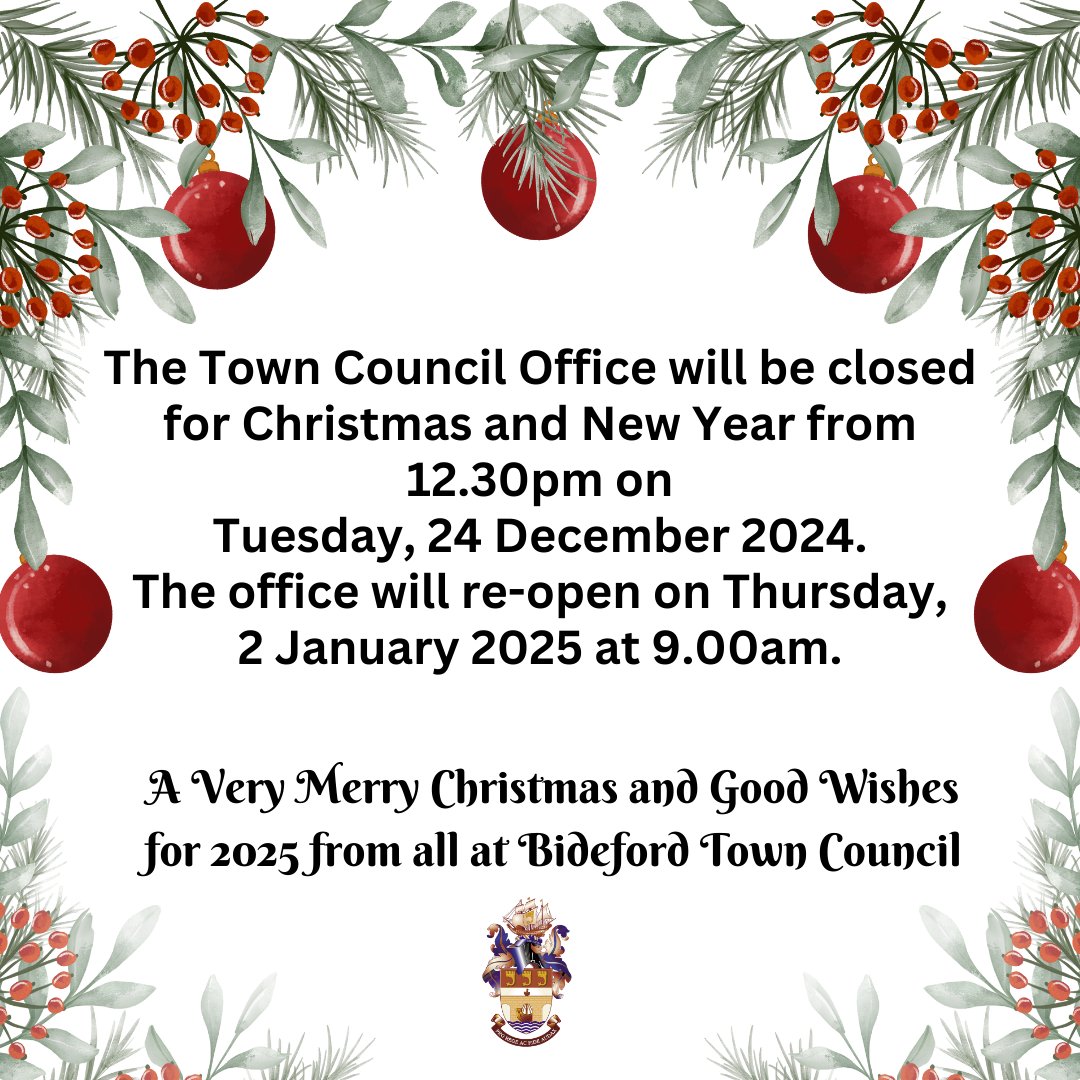 Bideford Town Council Christmas and New Year Office closure notice

#bidefordtowncouncil #christmas #newyear #officeclosuredates