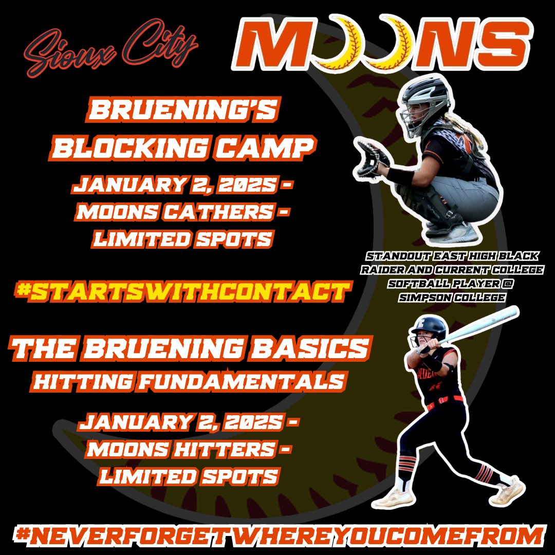siouxcitymoons's tweet photo. HEY EASTSIDE❗️🥎🌙🥎
Moons Camps will be dropping FAST❗️

Bruening’s Blocking Catchers Camp and The Bruening Basics - Hitting Fundamentals Camp, sign up is OPEN❗️🥎🌙🥎
#NeverForgetWhereYouComeFrom
#StartsWithContact 

Link - 
https://t.co/M1HJvPBZ0g https://t.co/cDRPEa3ro4
