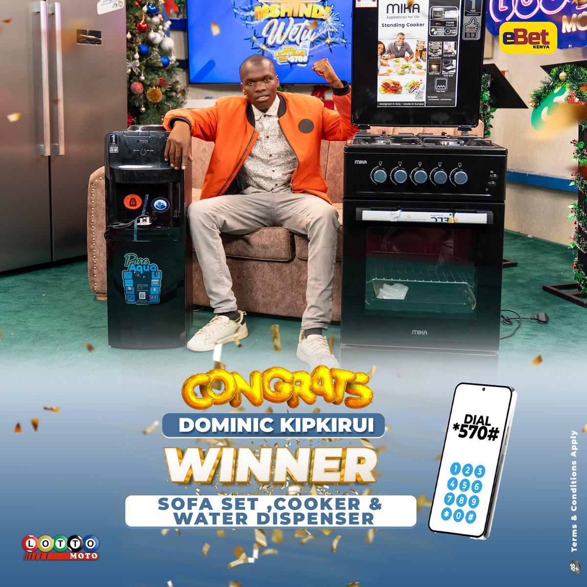 ebet_kenya's tweet photo. A big congratulations to Domnic Kipkirui for winning a brand new cooker, dispenser and sofa set, kwenye Lotto Moto live.

This and many more amazing prizes to be won. Dial *570# to play and win big.

#lottomoto #luckygame https://t.co/s9ZedUFs2K