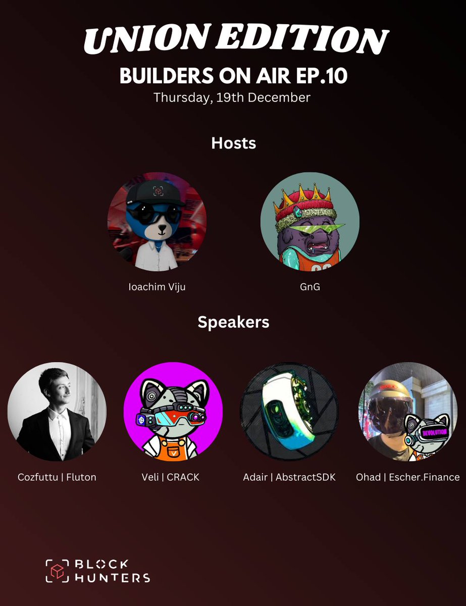 BlockHunters (@blockhuntersorg) on Twitter photo Builders on Air: Union Ecosystem Edition 🎙
Four projects share their zkIBC journey:
• @Flutonio
• @crackportal
• <a href="/AbstractSDK/">Abstract | Interchain App Platform</a>
• <a href="/escher_fi/">Escher.Finance</a>
Discussing cross-chain architecture, integration experiences, technical challenges, and ecosystem synergies.
🗓 Tomorrow, 4 PM UTC Builders on Air: Union Ecosystem Edition 🎙
Four projects share their zkIBC journey:
• @Flutonio
• @crackportal
• <a href="/AbstractSDK/">Abstract | Interchain App Platform</a>
• <a href="/escher_fi/">Escher.Finance</a>
Discussing cross-chain architecture, integration experiences, technical challenges, and ecosystem synergies.
🗓 Tomorrow, 4 PM UTC