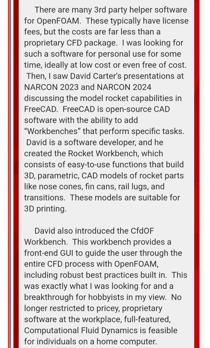FreeCADNews's tweet image. 🚀 Our buddy David Carter (@DavesRocketShop who's now on @bluesky) got a shout-out in  'Peak of Flight' #Rocketry magazine recently (issue #641) for the #FreeCAD #Rocket workbench and its #CFD/#FEM capabilities. Onward and Upward 🚀🚀🚀 apogeerockets.com/Peak-of-Flight…