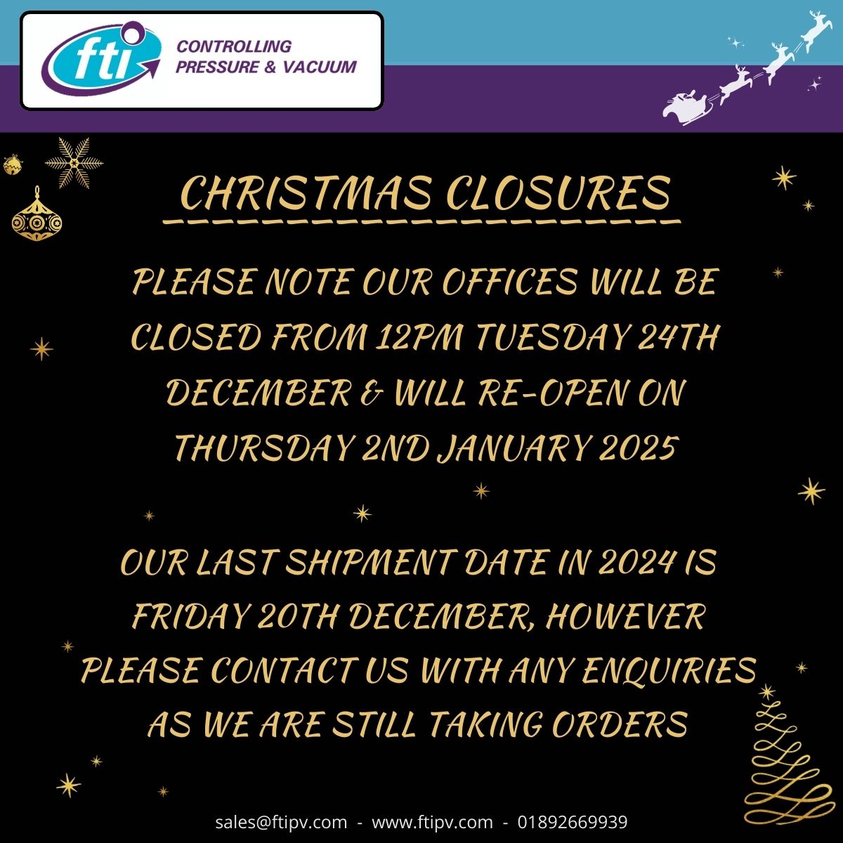 #ftiControllingPressureAndVacuum
Please note our offices will be closed from 12pm Tuesday 24th December 2024 &amp; will re-open on Thursday 2nd January 2025. Our last shipment date in 2024 is Friday 20th December🎅🎄

📞 01892 669939 
 📩 Sales@ftipv.com 
 🔗 ftipv.com