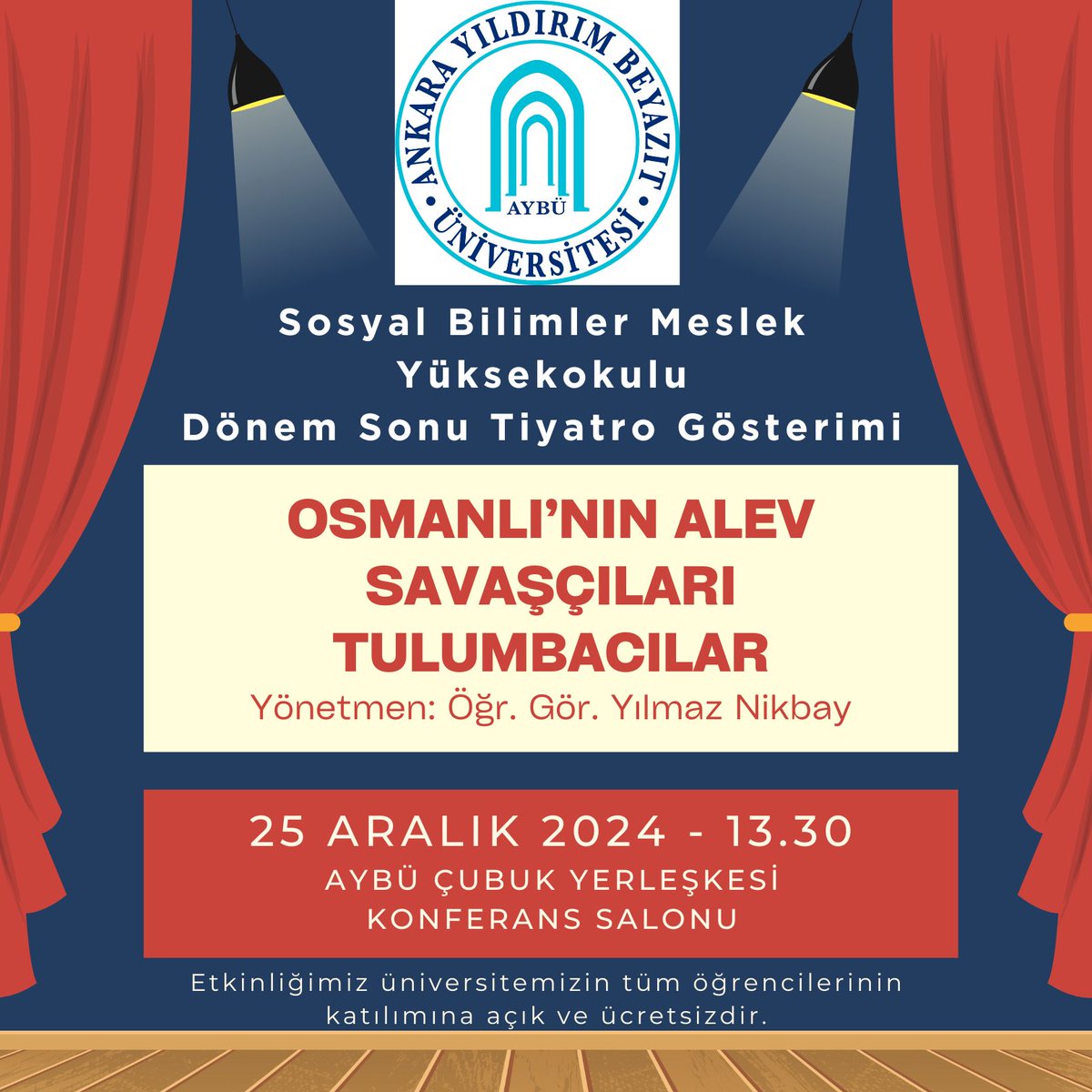 aybusbmyo's tweet photo. Güz Dönemini keyifli bir tiyatro gösterimi ile bitiriyoruz. Sivil Savunma ve İtfaiyecilik Programı öğrencilerimizin düzenleyeceği bu etkinliğe tüm öğrencilerimiz davetlidir. 
25 Aralık 2024 tarihinde Çubuk Yerleşkemizdeyiz.
@ybuankara 
@acengizkoseoglu https://t.co/gqjnDmUhXp