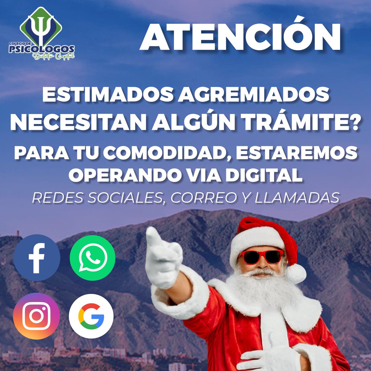 ColegioCapital's tweet photo. 🎄Estimados Agremiados, tomen nota y precaución, si necesitan realizar algún trámite o tienen un requerimiento estaremos prestando servicio a través de todos nuestros canales virtuales durante lo que resta de diciembre 2024 y principios de enero 2025. https://t.co/uUZetNbC38
