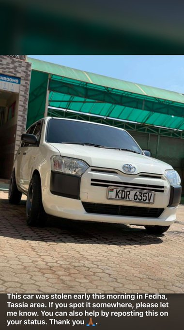 C_NyaKundiH's tweet photo. Owner seeks public assistance after car was stolen this morning in Tassia, Embakasi. https://t.co/zXSUL3LAj4