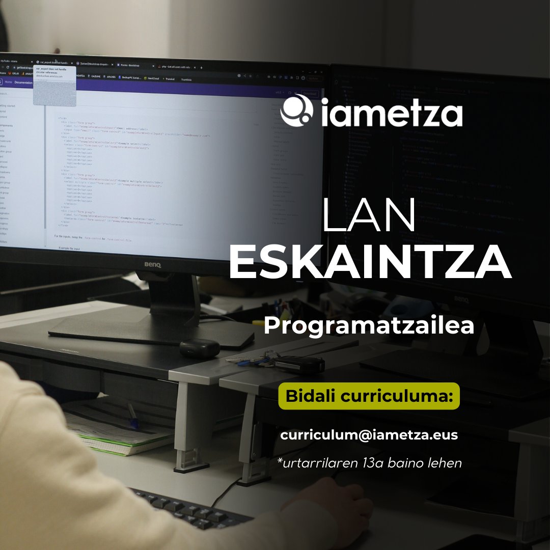 iametza's tweet photo. Lantaldea handitzen ari gara eta garapen teknologikoetan parte hartuko duen kide berri baten bila ari gara🔎🎯
👉🏼 Informazio gehiago https://t.co/SwwaHrfdlW https://t.co/Luz3wcw6lV