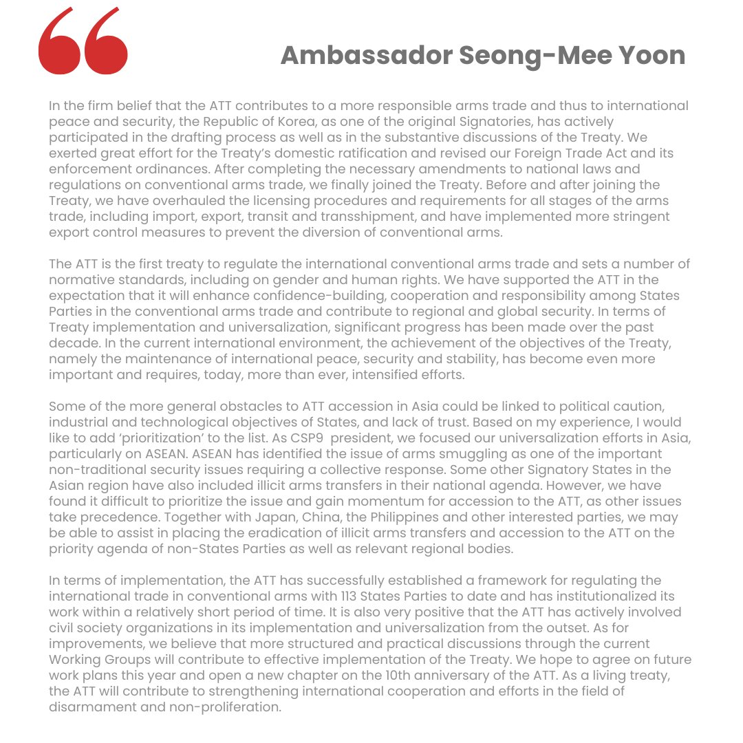 Ambassador Seong-Mee Yoon (Republic of Korea):
🗨️ "Some of the more general obstacles to ATT accession in Asia could be linked to political caution, industrial and technological objectives of States, and lack of trust."
Read more: attmonitor.org/en/the-2024-re…
#ATT10
