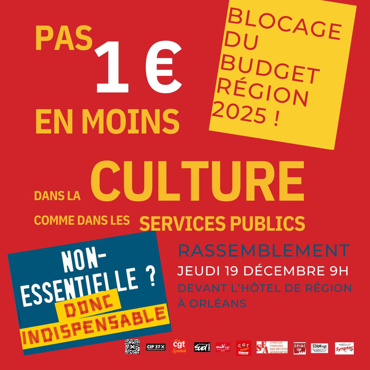 🔴 ORLÉANS

🪧 Rassemblement jeudi 19 décembre à 9h, devant l’hôtel de région 

📢 À Orléans comme dans le reste de la France, on se mobilise contre les coupes budgétaires et la casse sociale : pas 1€ en moins pour la culture et les services publics  !