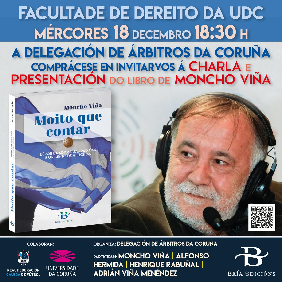 MoitoQueContar's tweet image. Retomamos hoxe a rolda de prensentacións de Moito que contar. Acompañaremos aos árbitros da delegación da Coruña para levarlles as historias do libro de @monchovina .
🎁E xa sabes, Moito que contar é o mellor agasallo de Nadal para un bo deportivista ou amante do fútbol.