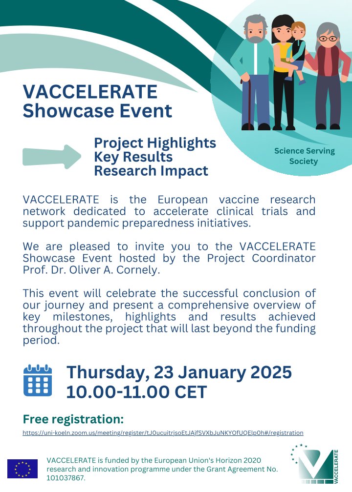 VACCELERATE Consortium 🇪🇺🇺🇦 (@vaccelerate_eu) on Twitter photo Join us on Thursday, 23 January 2025, 10:00-11:00 CET for the #VACCELERATE Showcase Event! 🌍✨ Celebrate the achievements of Europe’s vaccine research network with <a href="/CornelyOliver/">Oliver Cornely</a> .
Registration: uni-koeln.zoom.us/meeting/regist…
<a href="/EU_HaDEA/">HaDEA</a> <a href="/UKKoeln/">Uniklinik Köln</a> <a href="/UniCologne/">Universität zu Köln</a> <a href="/CECAD_/">CECAD Cologne</a> Join us on Thursday, 23 January 2025, 10:00-11:00 CET for the #VACCELERATE Showcase Event! 🌍✨ Celebrate the achievements of Europe’s vaccine research network with <a href="/CornelyOliver/">Oliver Cornely</a> .
Registration: uni-koeln.zoom.us/meeting/regist…
<a href="/EU_HaDEA/">HaDEA</a> <a href="/UKKoeln/">Uniklinik Köln</a> <a href="/UniCologne/">Universität zu Köln</a> <a href="/CECAD_/">CECAD Cologne</a>