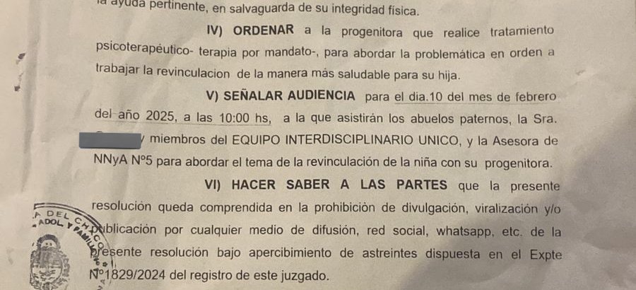 El 10 de febrero, habrá audiencia para el proceso de revinculación de la mamá con la niña. Menos mal, que vecinos, viralizaron la situación y se hizo público el hecho ocurrido el martes en Resistencia, porque la jueza prohibió la divulgación de todo material a las partes.