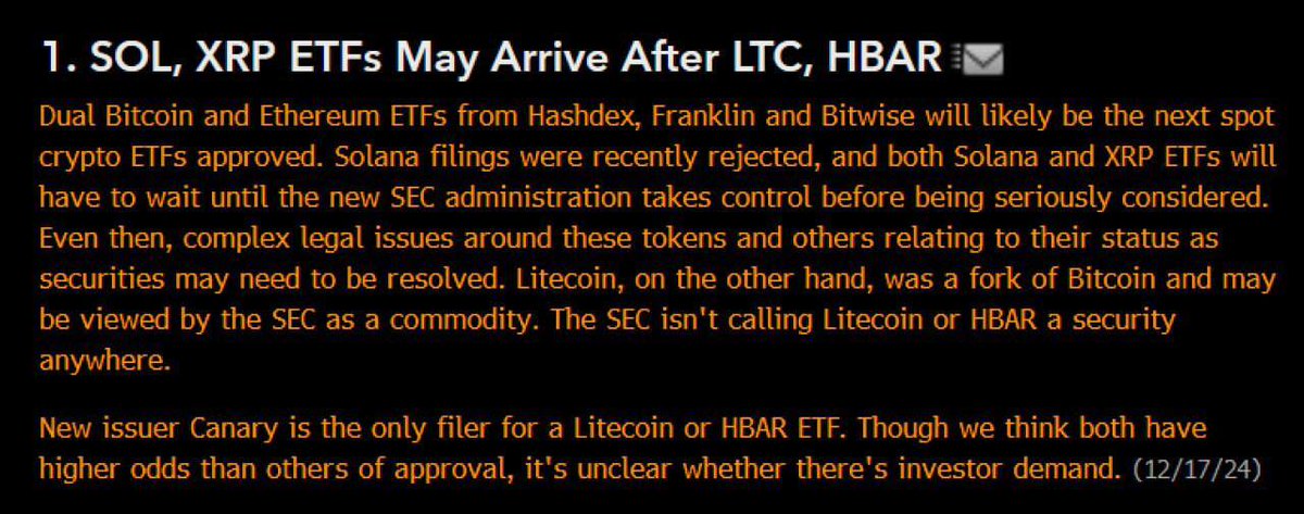 ⚡️LATEST: Bloomberg analysts identified $LTC, $HBAR, $XRP, and $SOL as top candidates for upcoming ETFs. 

ETF expert Eric Balchunas expects a wave of new funds next year, starting with BTC+ETH, followed by LTC and HBAR, and finally, more controversial crypto.