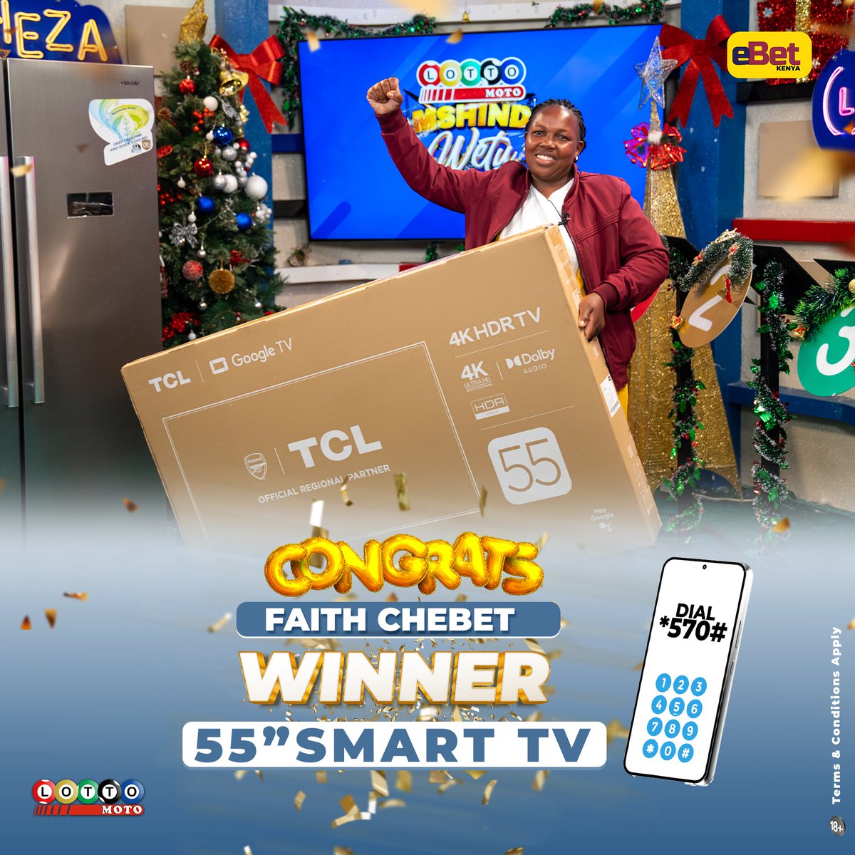 ebet_kenya's tweet photo. Congratulations to Faith Chebet for winning a brand new 55 inch TV kwenye Lotto moto live.

Dial *570# to play and win big

#lottomoto #luckygame https://t.co/K7JFNd9IYE