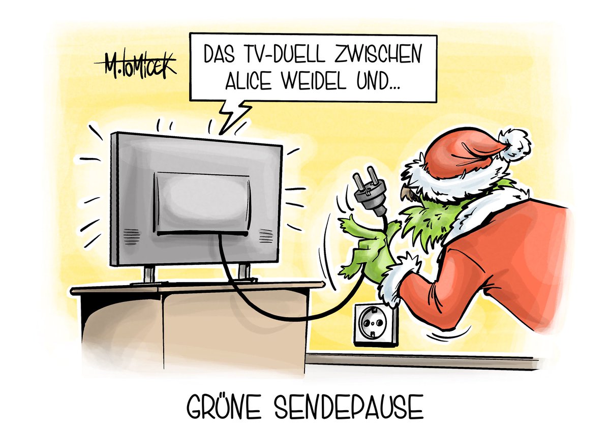 #Habeck will nicht an #TVDuell mit #Weidel teilnehmen.

#Grüne #AfD #TV #Duell #ZDF #ARD #RobertHabeck #AliceWeidel #Grinch #Karikatur