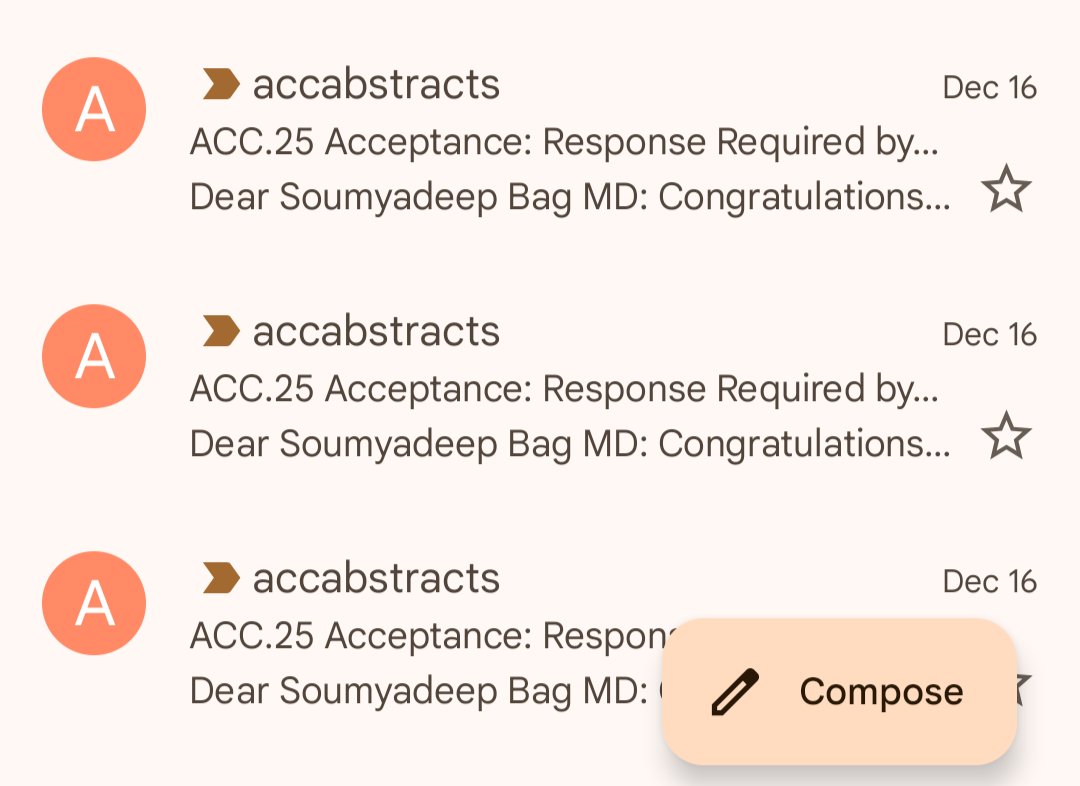 Soumyadeep Bag, MD๐ฎ๐ณ-๐จ๐ฆ-๐บ๐ฒ (@sbag_in) on Twitter photo A great inbox to wake up to. Honored to present 3 first-author abstracts at #ACC2025. Thanks to my coauthors <a href="/aeshp_17/">Aesha Patel, DO</a> <a href="/CMotley1/">Christian Motley</a> <a href="/patratumpa99/">Tumpa Patra, MD</a>; and <a href="/DrDudenbostel/">Tanja Dudenbostel, MD, FASH, FAHA</a> for your unwavering patience and guidance. Looking forward to connecting and learning. #Chicago #CardioTwitter A great inbox to wake up to. Honored to present 3 first-author abstracts at #ACC2025. Thanks to my coauthors <a href="/aeshp_17/">Aesha Patel, DO</a> <a href="/CMotley1/">Christian Motley</a> <a href="/patratumpa99/">Tumpa Patra, MD</a>; and <a href="/DrDudenbostel/">Tanja Dudenbostel, MD, FASH, FAHA</a> for your unwavering patience and guidance. Looking forward to connecting and learning. #Chicago #CardioTwitter