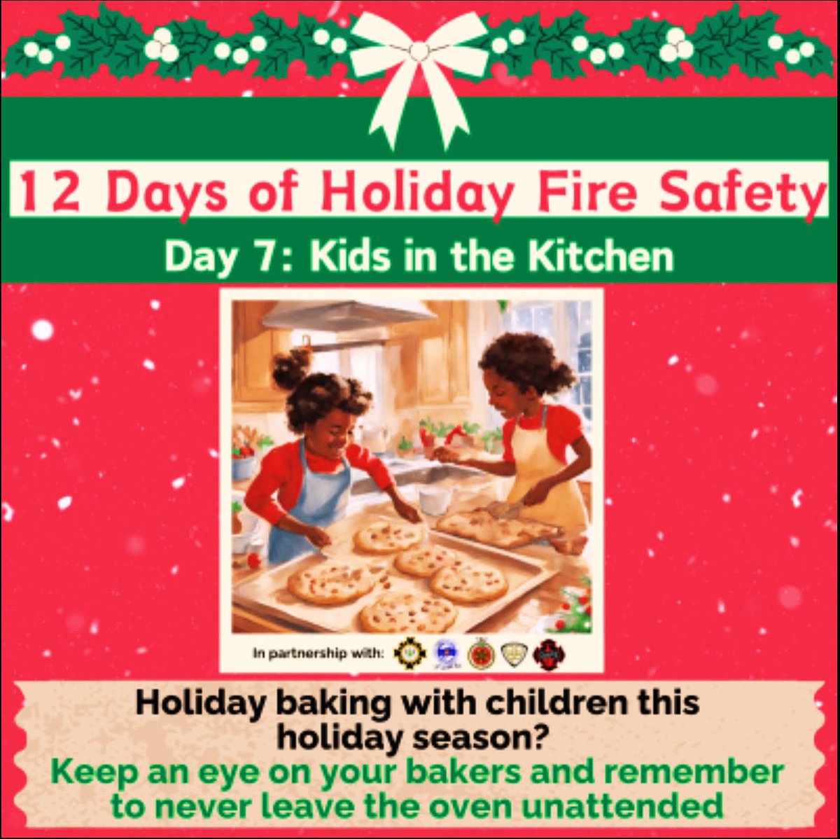 Holiday baking with children this holiday season? Keep an eye on your bakers and remember to never leave the oven unattended. Safety first, cookies second! Make your holidays cheerful and sound—test your smoke alarms year-round!