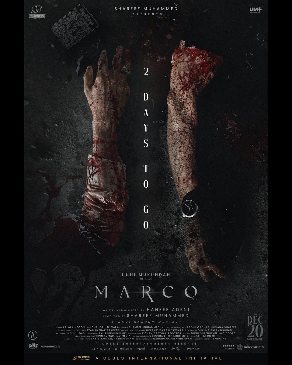 UnniMukundanClb's tweet image. 2 more Days for 🅰️ Violent Feast🩸
Get Ready for Marco?
Bookings open Now!

Bit.ly/MarcoMovieBMS 

#MarcoDec20

#Dec20

#UnniMukundan #HaneefAdeni #RaviBasrur #ShereefMuhammed #CubesEntertainments #UMF #MarcoMovie