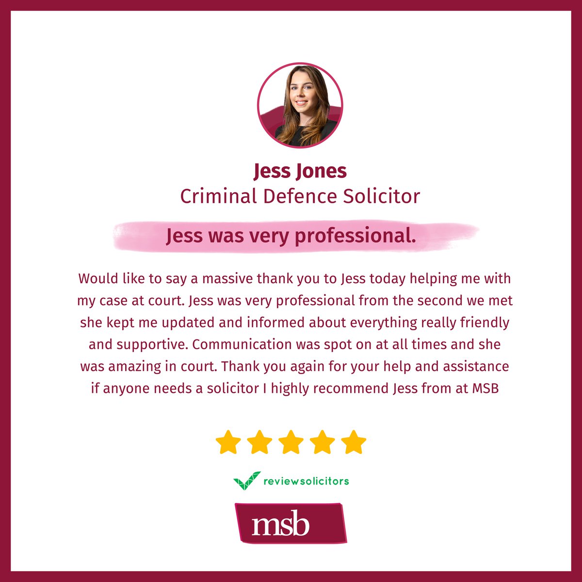 ⭐️⭐️⭐️⭐️⭐️

A fantastic review for Jess Jones and our Criminal Defence team

Well done Jess 👏