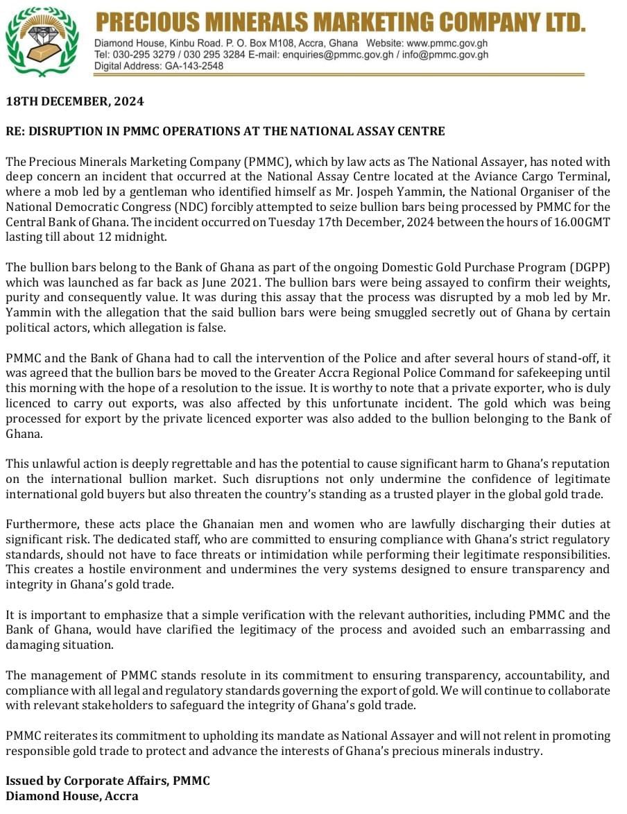 The_GabbyAppiah's tweet photo. ```PRESS RELEASE```

*RE: DISRUPTION IN PMMC OPERATIONS AT THE NATIONAL ASSAY CENTRE.*

@pmmcjewellery https://t.co/NftCuy25A9